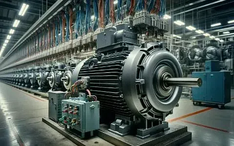 Un gran motor eléctrico industrial en una fábrica, con otros alineados en el fondo.