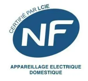 Logotipo de certificación NF: óvalo azul con “NF” en blanco, “CERTIFIED BY LCIE” arriba y “DOMESTIC ELECTRICAL APPLIANCE” abajo.