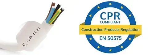 Cable eléctrico con cables de colores expuestos junto a un logotipo compatible con CPR, lo que indica el cumplimiento de la norma de Reglamento de Productos de Construcción EN 50575.