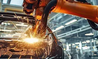 Un brazo robótico soldando el chasis de un automóvil en una fábrica, un brazo naranja y negro con chispas brillantes volando.