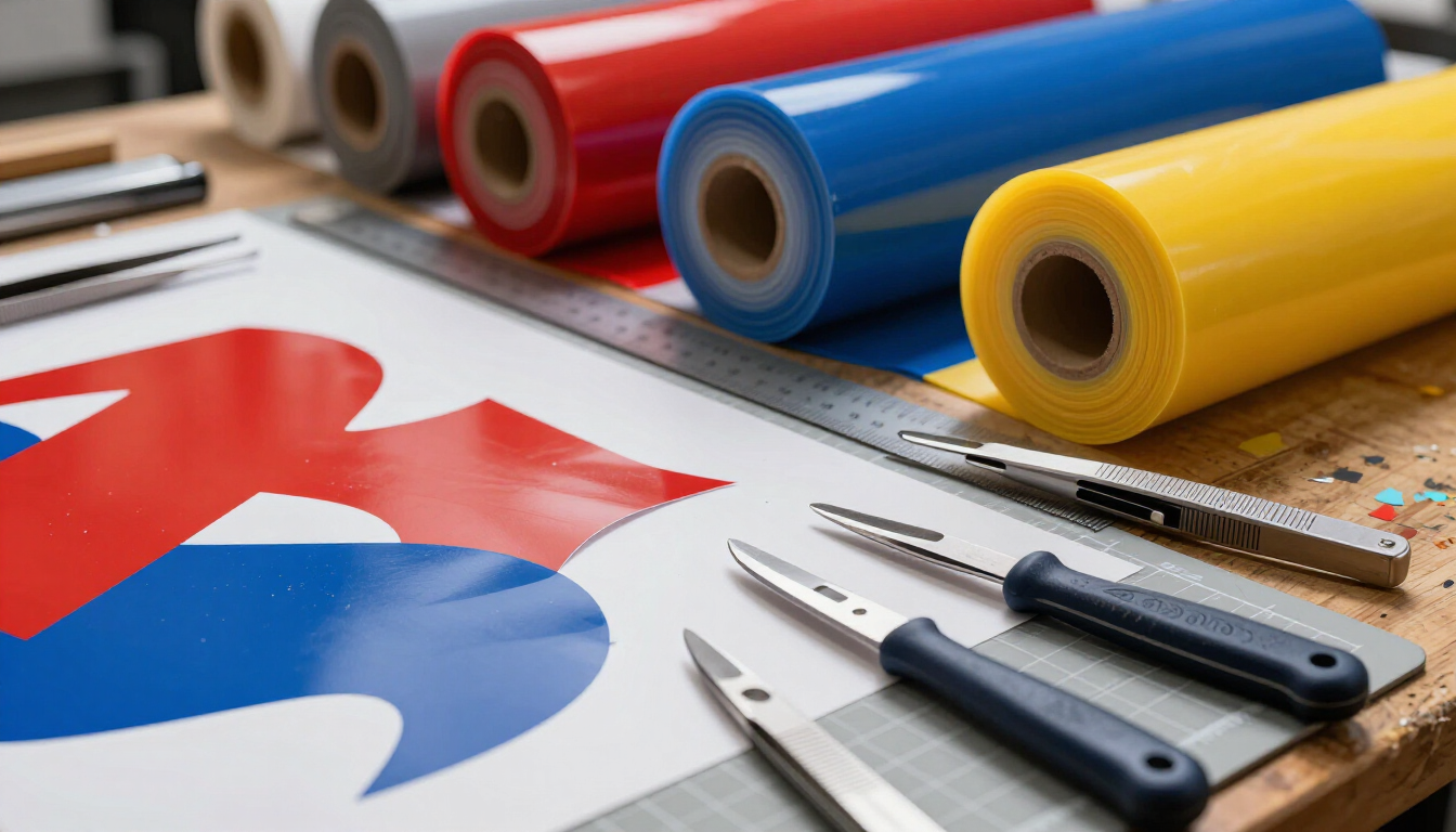 Espacio de trabajo para diseño gráfico con rollos de vinilo de colores, cuchillas de corte y un gráfico.