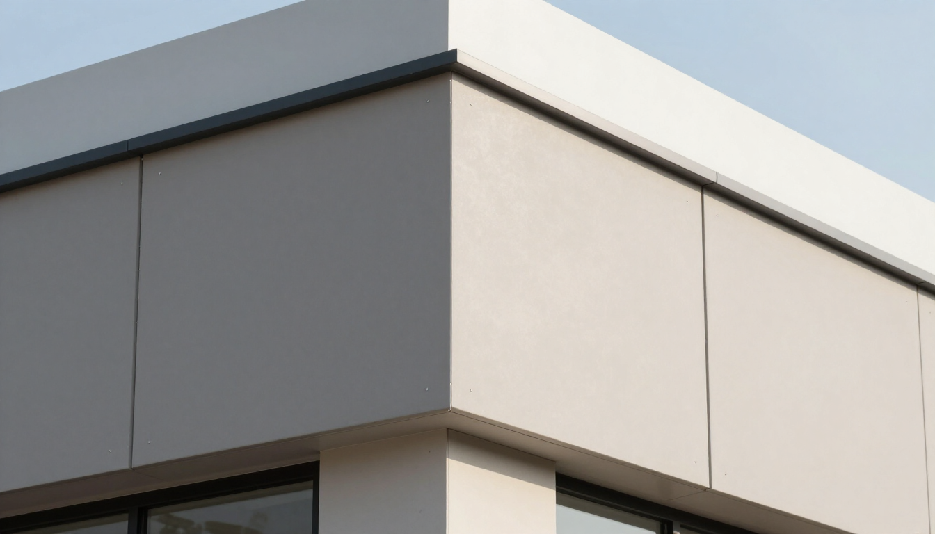 Edificio moderno en esquina con paneles exteriores blancos y grises y techo plano.