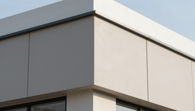 Edificio moderno en esquina con paneles exteriores blancos y grises y techo plano.
