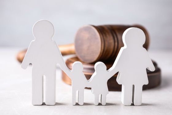 Una familia de figuras de madera tomadas de la mano frente al mazo de un juez.