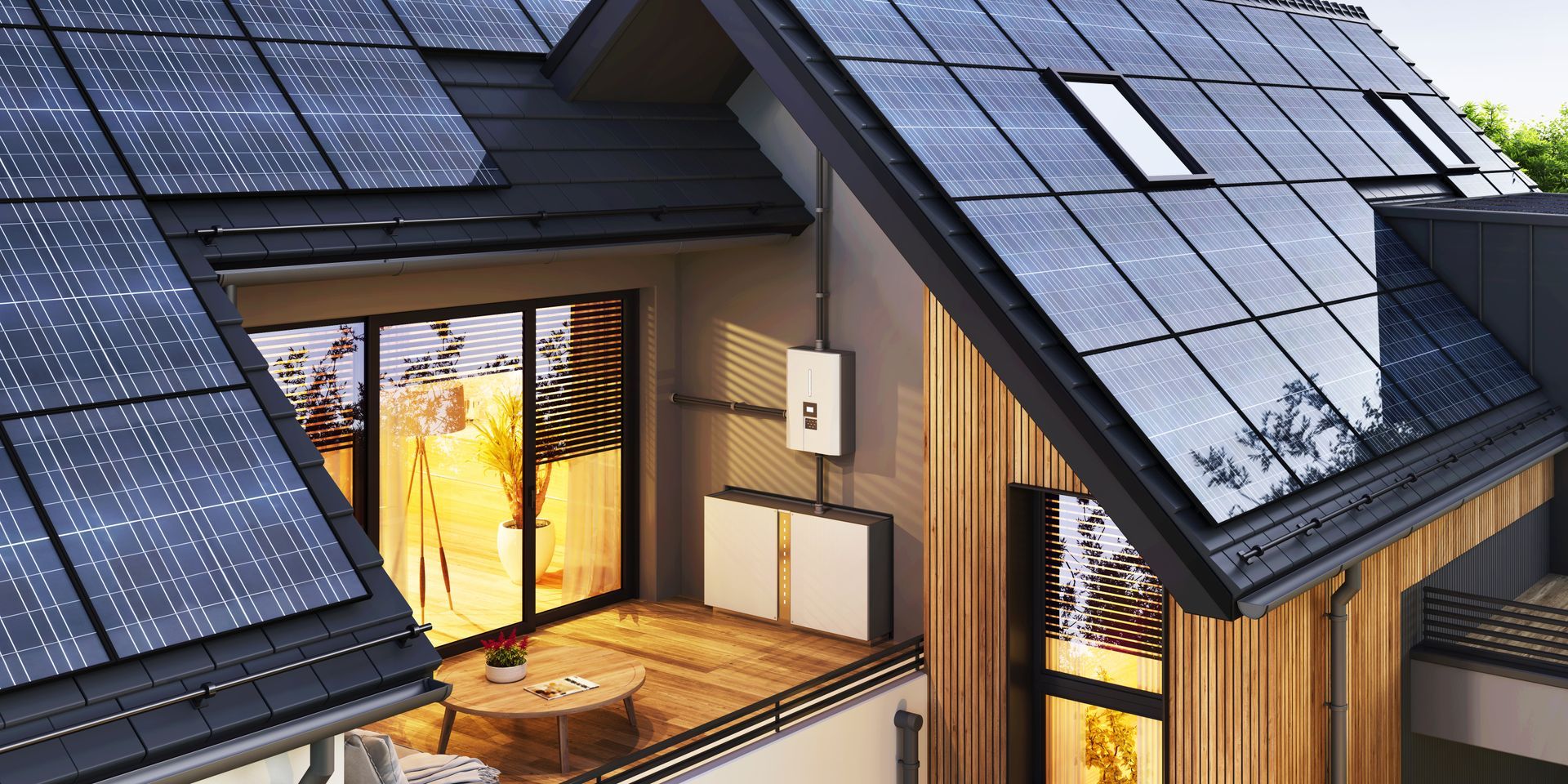 Maison moderne avec panneaux solaires sur le toit et éclairage intérieur chaleureux au crépuscule