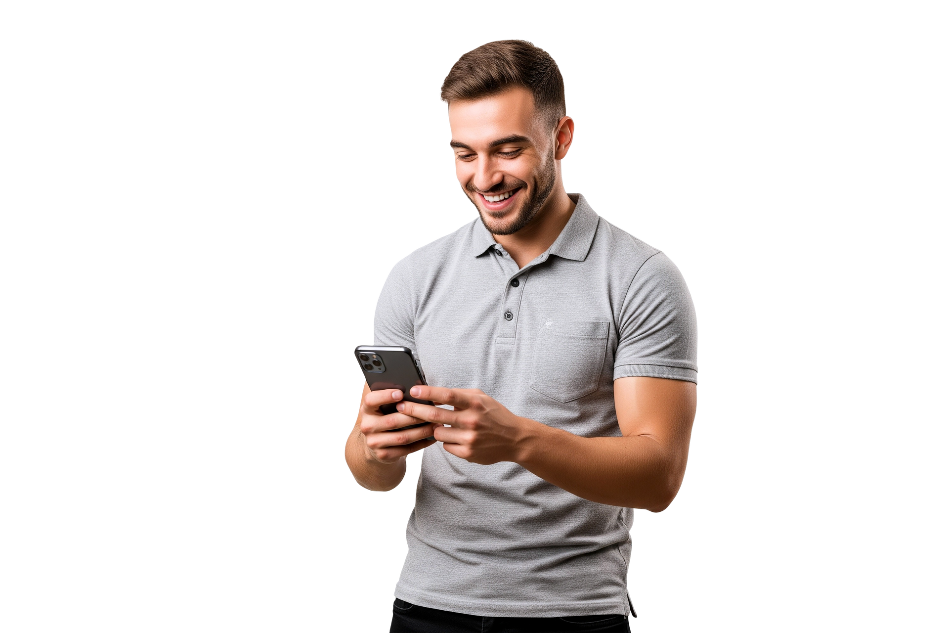 Homme en polo gris souriant en utilisant un smartphone sur fond blanc