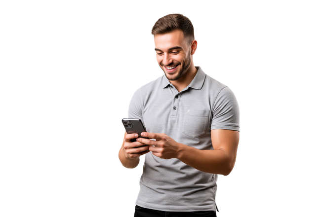 Homme souriant en polo gris utilisant un smartphone sur fond blanc
