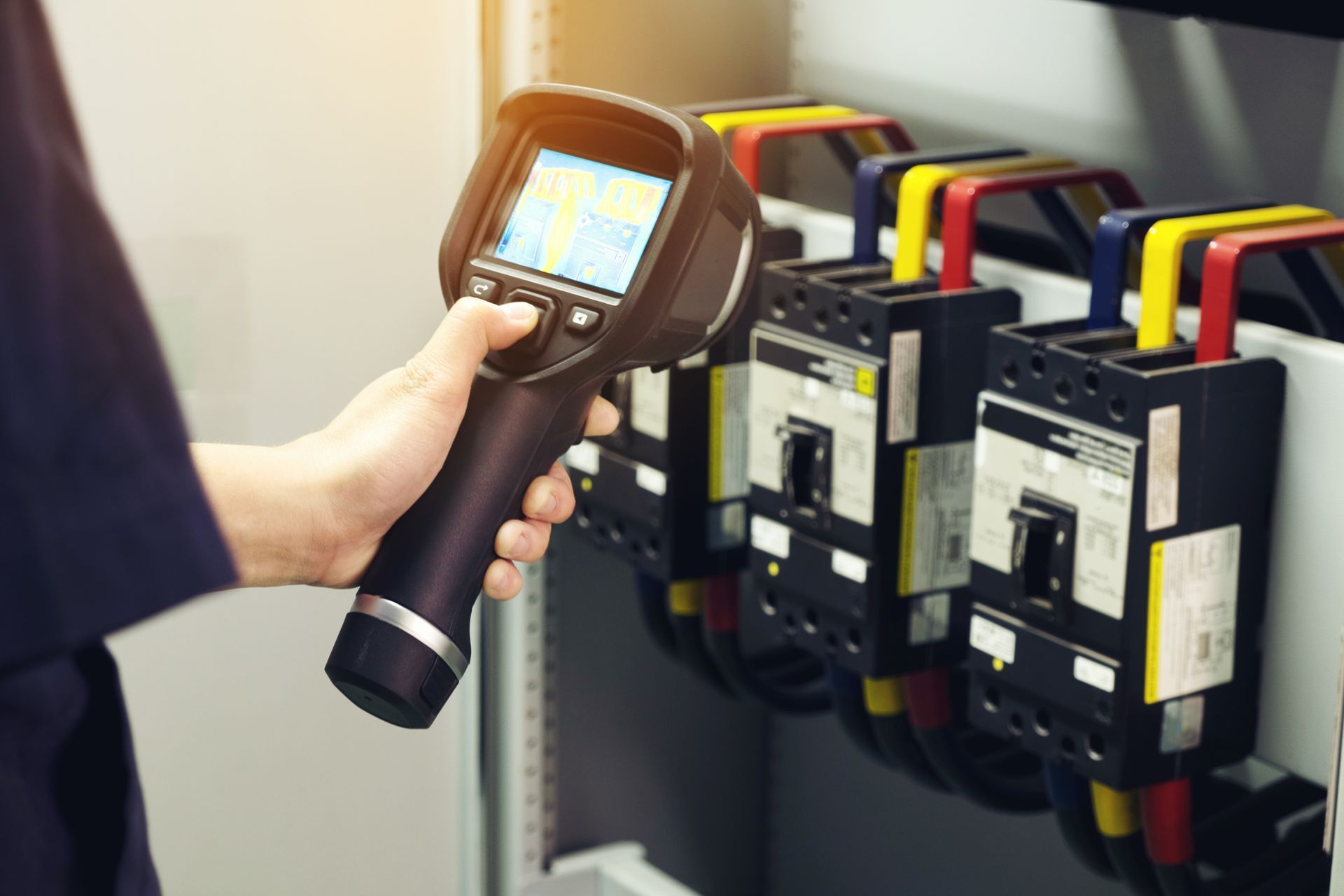 Caméra thermique portable pointée sur des panneaux de commande électriques avec interrupteurs et câbles de couleur