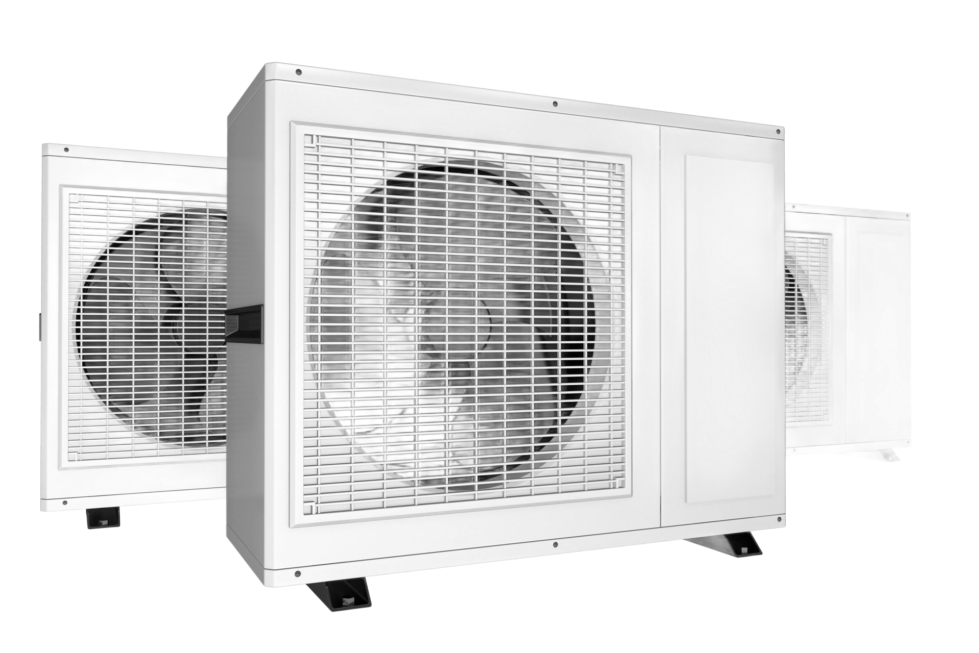 Trois climatiseurs portables blancs avec de grands ventilateurs frontaux, disposés en rangée sur un fond blanc.