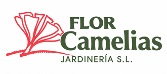 Logotipo con flor de camelia roja y texto verde &ldquo;FLOR Camelias JARDINER&Iacute;A SL&rdquo;