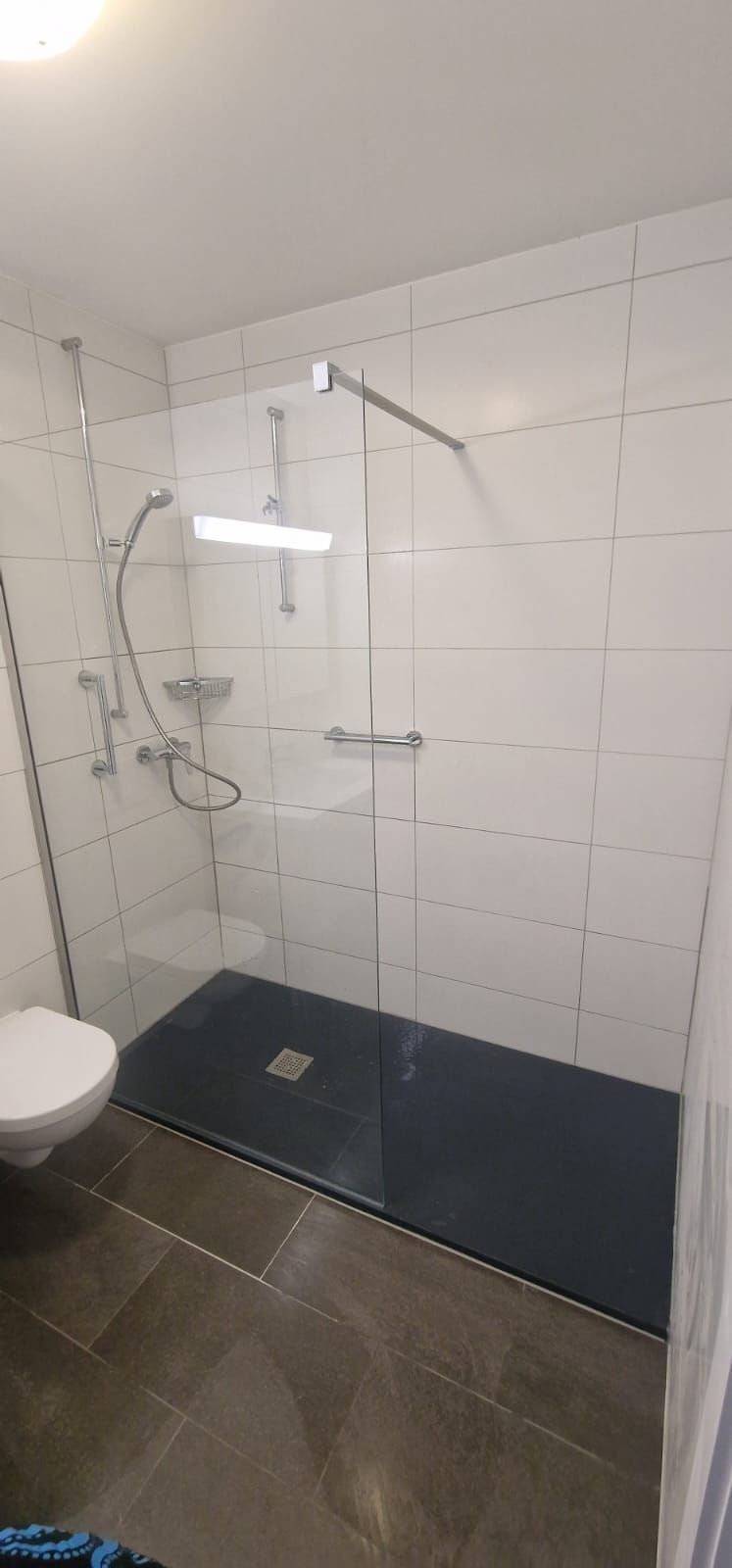 Une salle de bain avec douche à l'italienne, WC et lavabo | Vincent Bourdin Sàrl