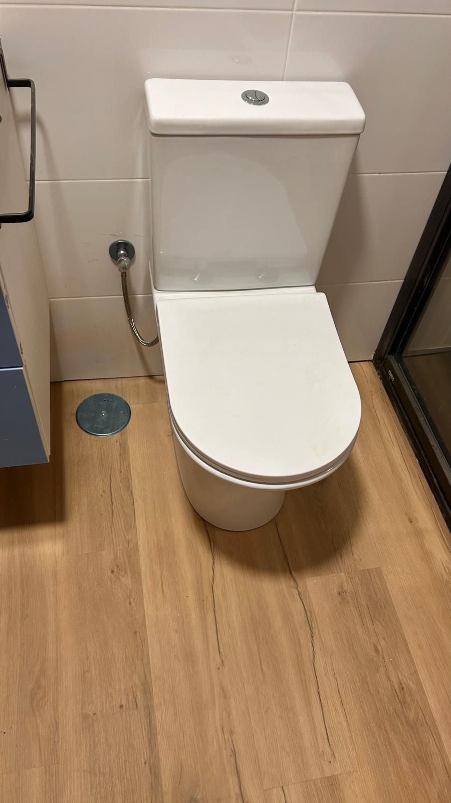 Inodoro blanco sobre suelo de madera en un baño. Armario azul a la izquierda.