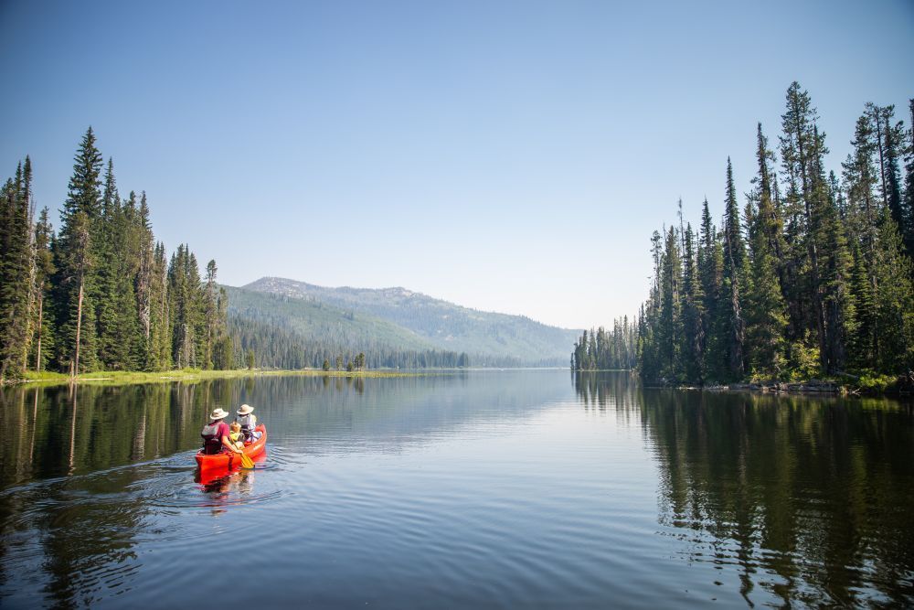 Canoe on calm lake, framed by tall evergreen trees under clear blue sky, with mountain in the distance.