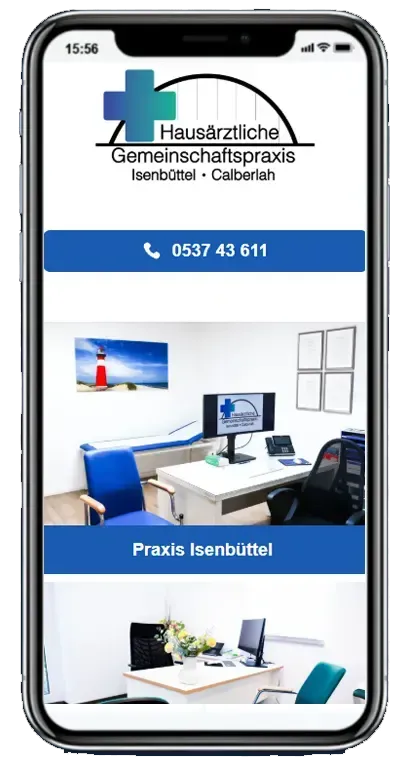 Ein Mobiltelefon, auf dem die Website einer Arztpraxis angezeigt wird.