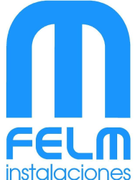 Un logotipo azul y blanco para felm instalaciones