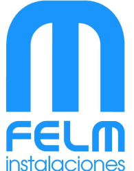 Un logotipo azul y blanco para felm instalaciones