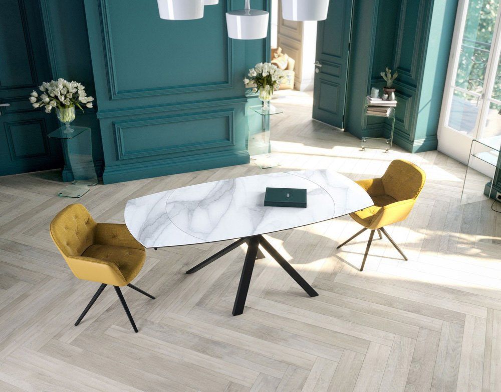 Photo d'usine d'un salon aménagé avec une table extensible format long et deux chaises