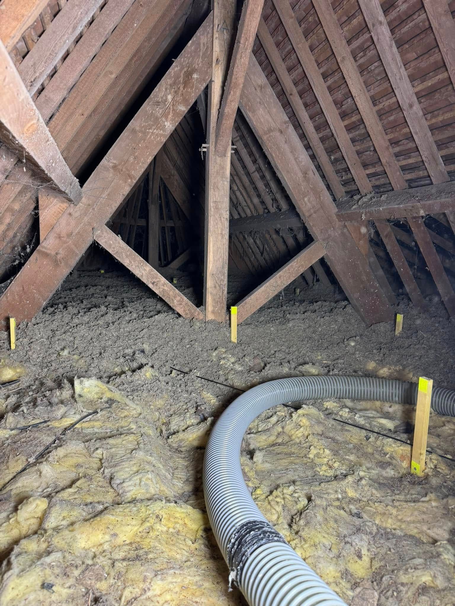 Grenier avec poutres en bois, isolation et tuyau pour insuffler l'isolant.