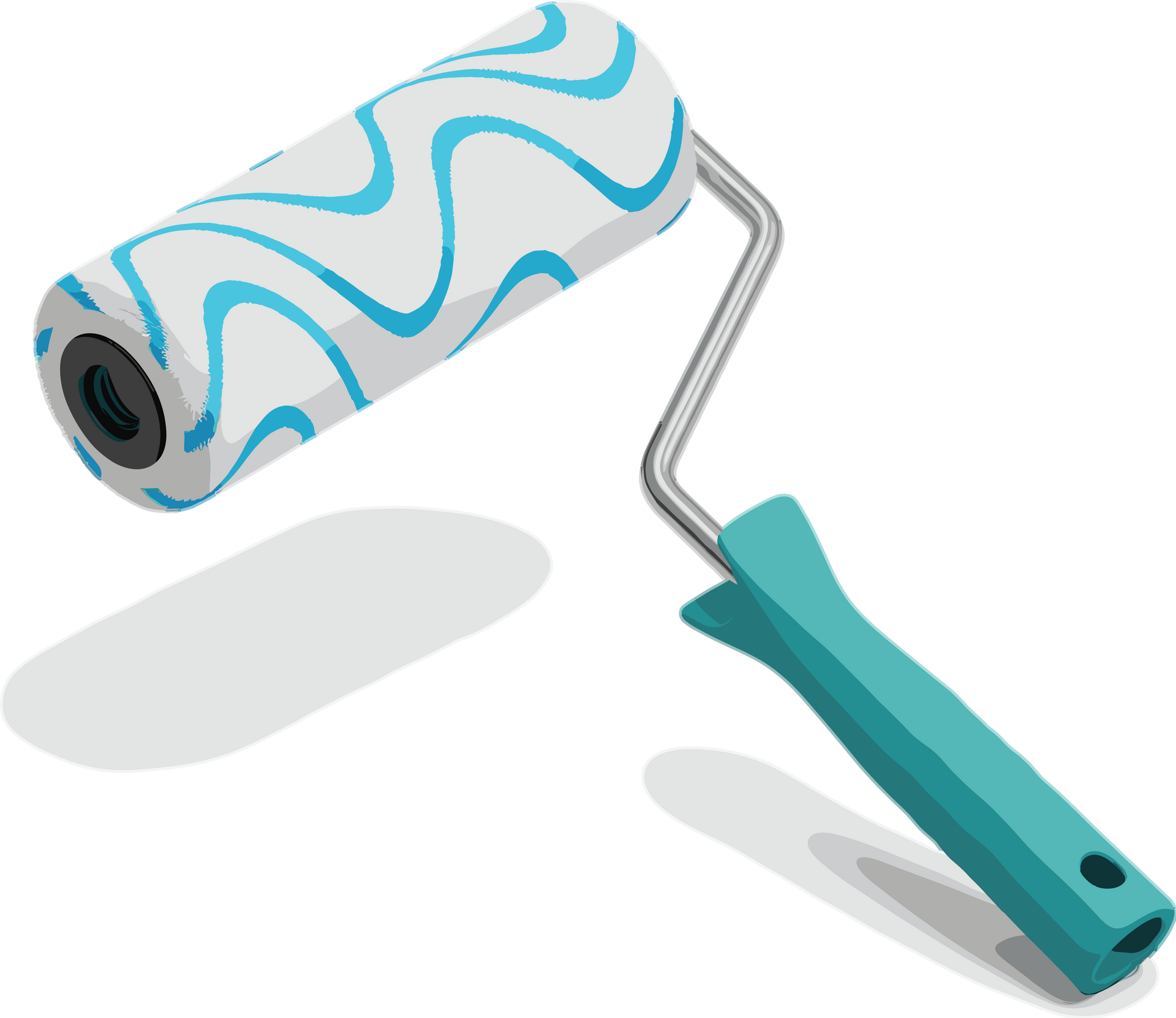 Rouleau à peinture à manche turquoise, rouleau blanc à lignes ondulées bleues, projetant une ombre.