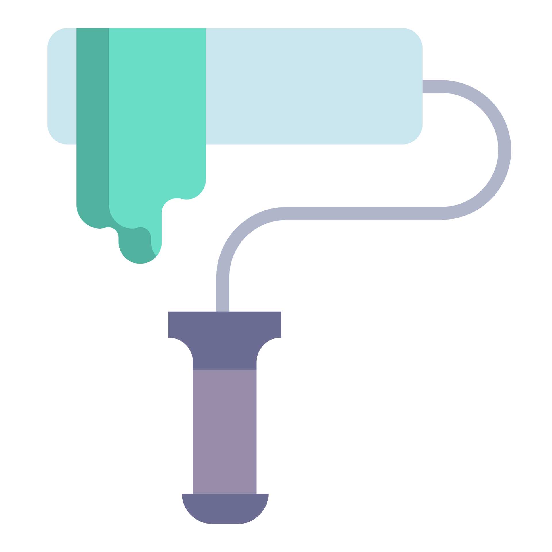 Rouleau à peinture appliquant une peinture turquoise clair, avec des gouttes de peinture turquoise.