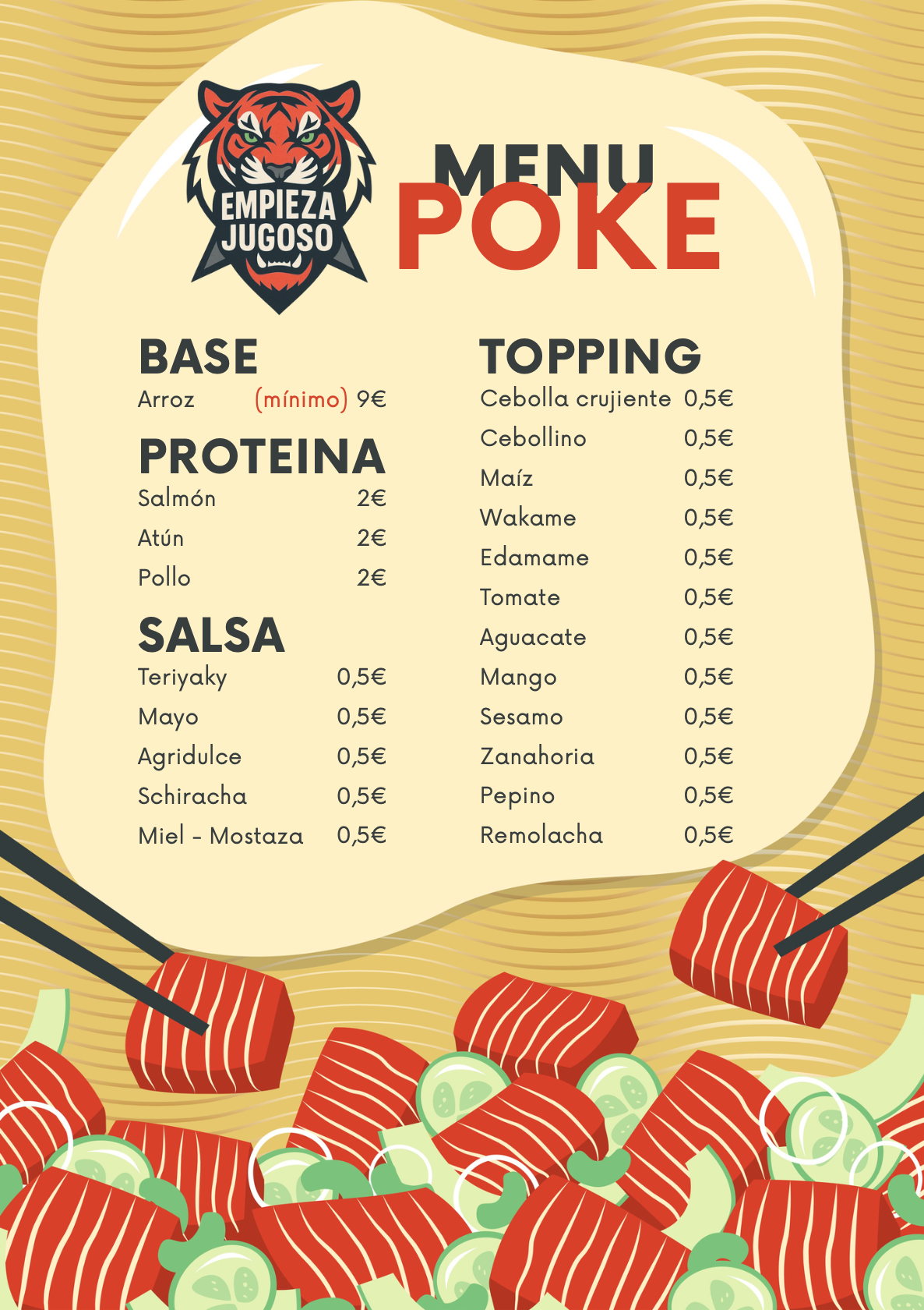 Menú de poke con el logo de un tigre, con opciones de base, proteína, salsa y aderezos. El menú incluye precios y opciones de ingredientes.