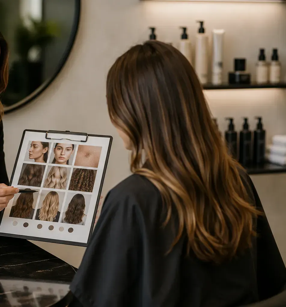 Una estilista revisa las opciones de color de cabello