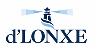 Logotipo de d’LONXE con un faro azul marino y haces de luz azul claro sobre el nombre de la marca