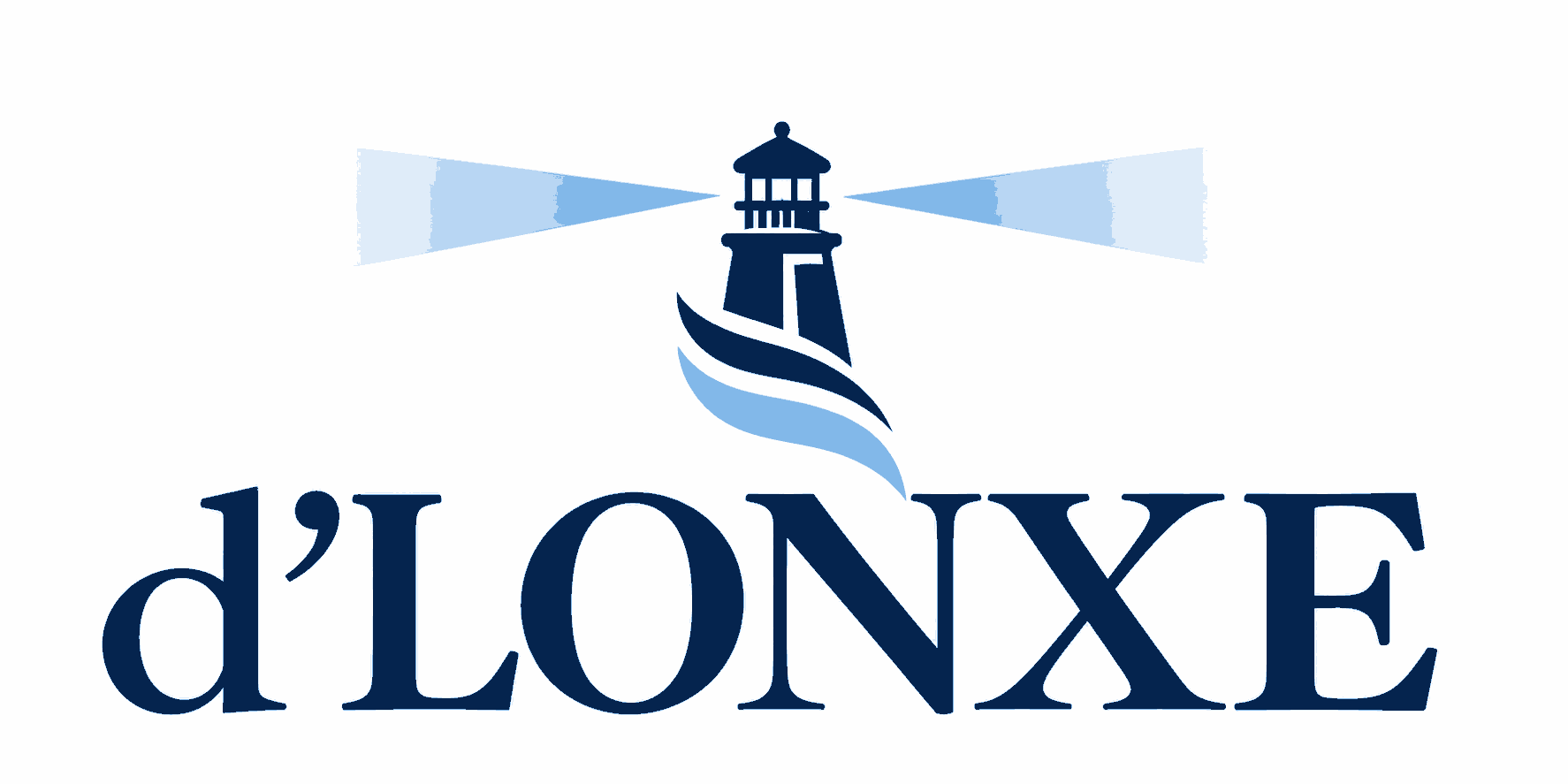 Logotipo de d’LONXE con un faro azul marino y haces de luz azul claro sobre el nombre de la marca