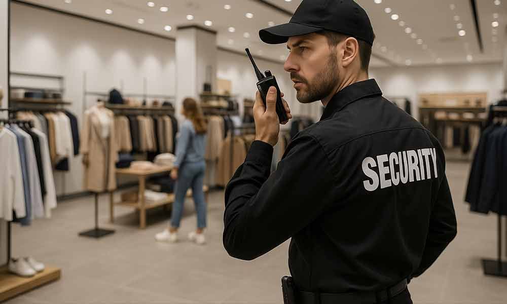 Ein Sicherheitsbeamter benutzt in einem Geschäft ein Walkie-Talkie.