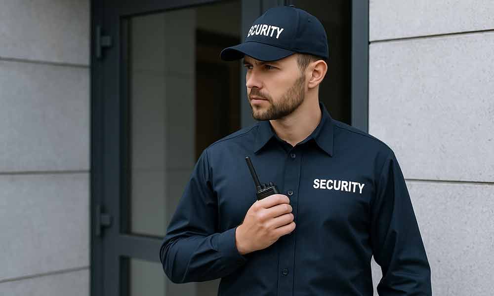 Ein Wachmann hält ein Walkie-Talkie in der Hand.