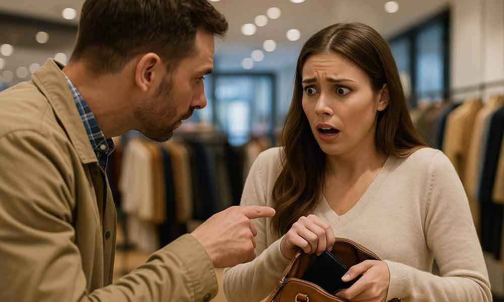 In einem Geschäft zeigt ein Mann auf eine Frau, die eine Handtasche hält.