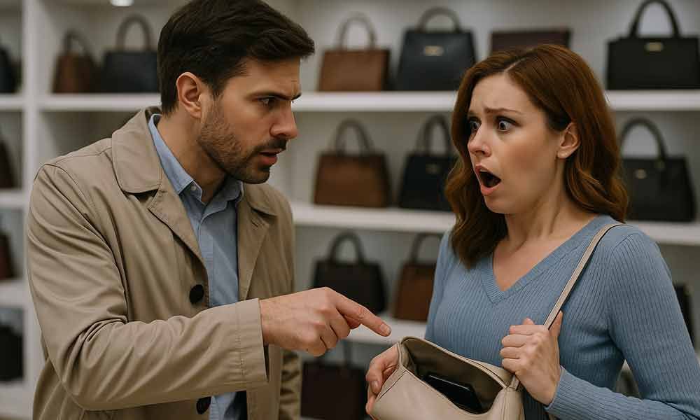 In einem Geschäft zeigt ein Mann auf eine Frau, die eine Handtasche hält.