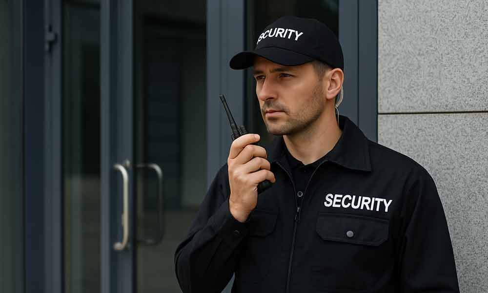 Ein Wachmann spricht über ein Walkie-Talkie.