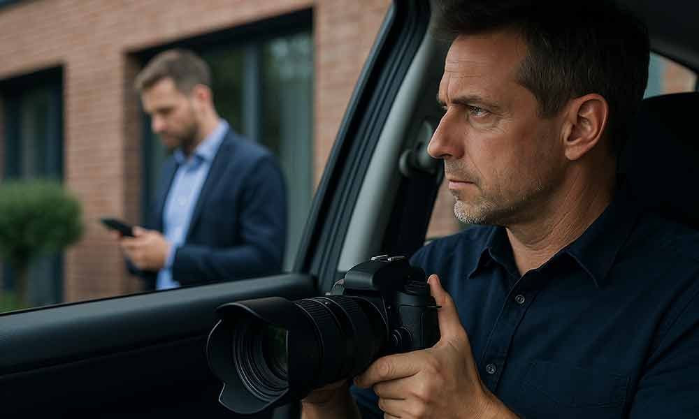 Ein Mann sitzt in einem Auto und hält eine Kamera in der Hand.