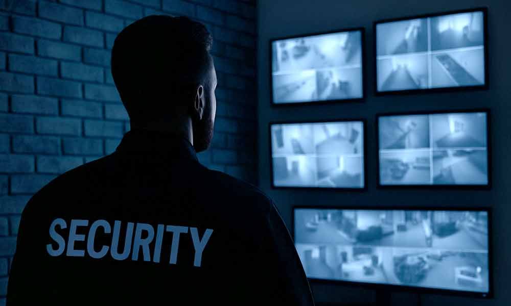 Ein Sicherheitsbeamter steht vor einer Wand aus Monitoren.