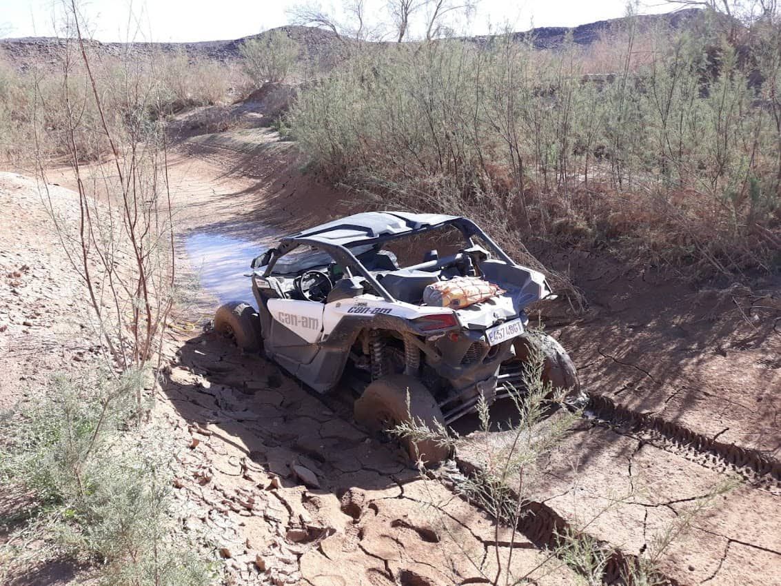 Vehículos todoterreno (UTV) de dos plazas atascados en una zanja fangosa, rodeados de maleza.