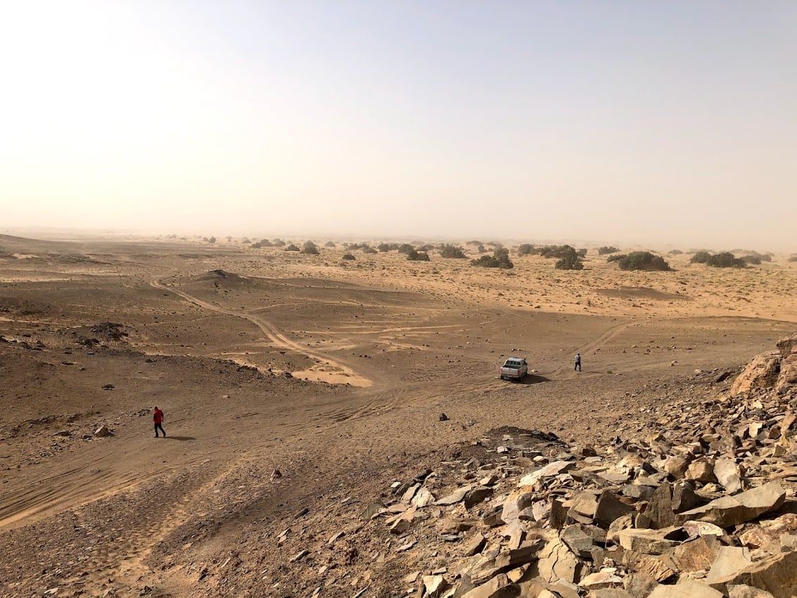 Paisaje desértico con vehículo, dos personas, matorrales secos y terreno rocoso bajo un cielo brumoso.