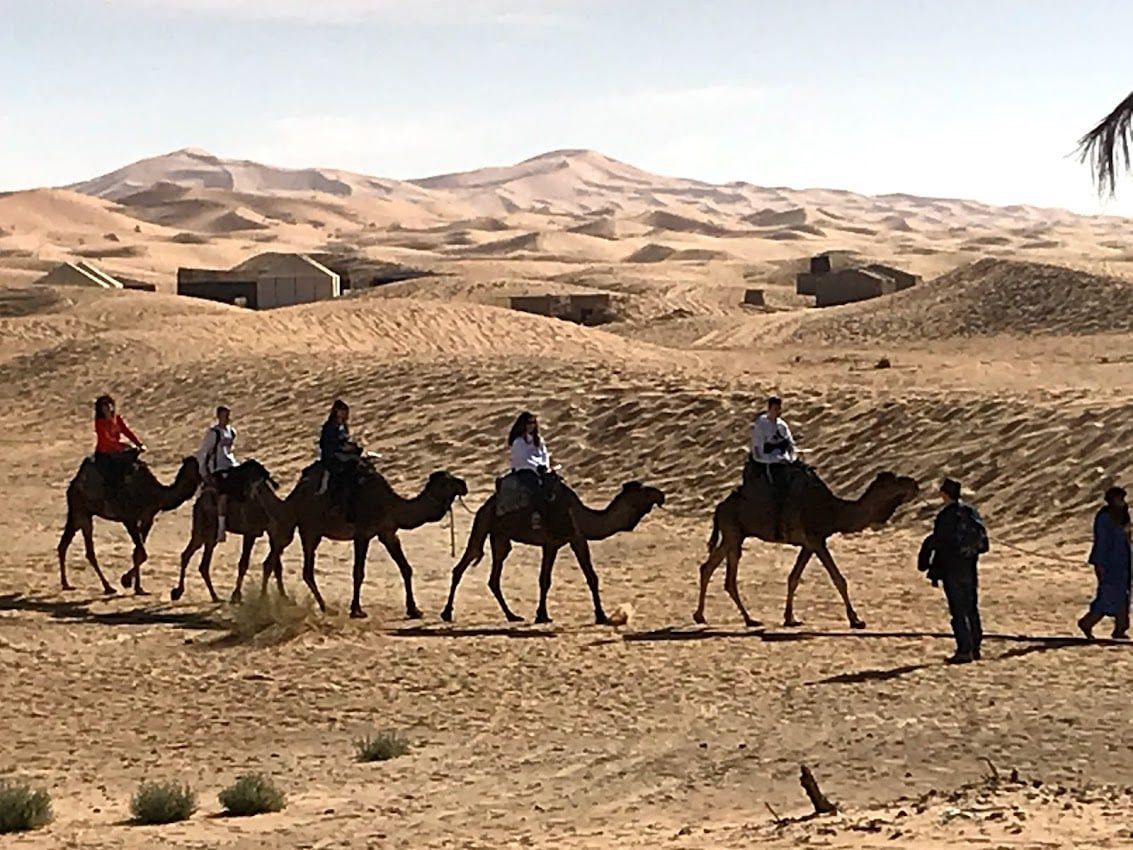 La gente recorre un paisaje desértico a lomos de camello.