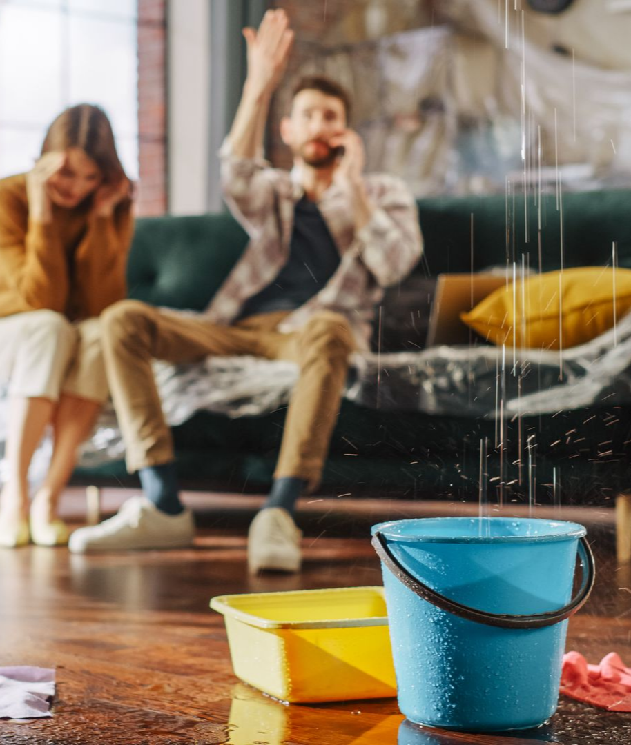 Un couple se plaint d'une fuite de toiture dans le salon.