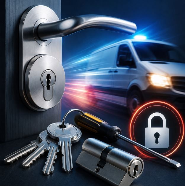 Cerradura de puerta plateada con llaves y candado, con una furgoneta de seguridad azul al fondo.