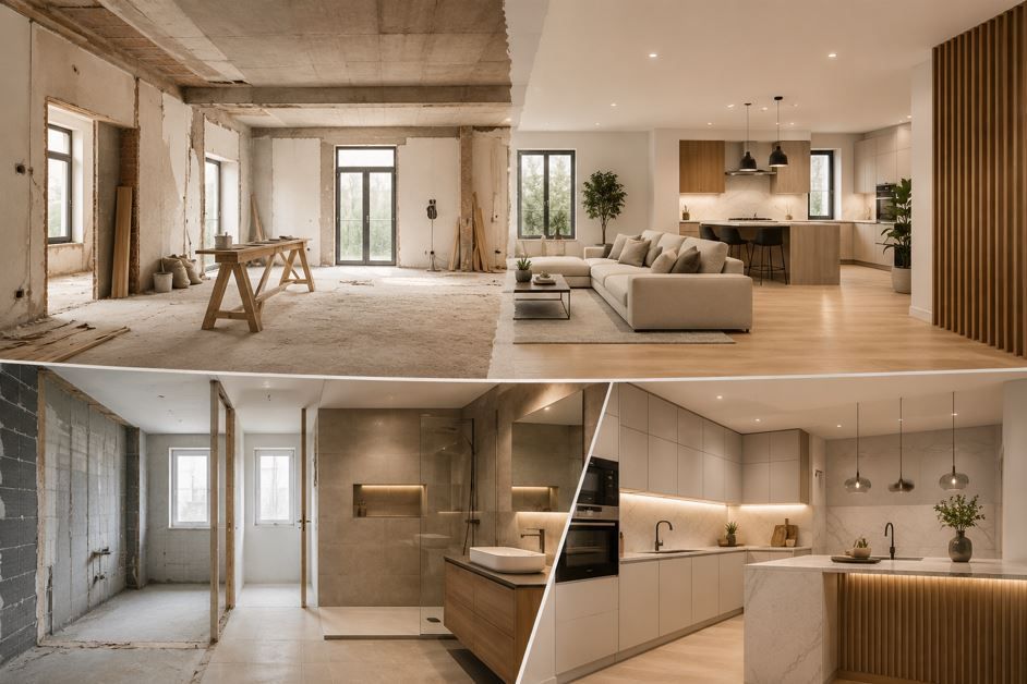 Vista dividida del interior de un apartamento moderno sin terminar, con la sala de estar, la cocina y el baño renovados.