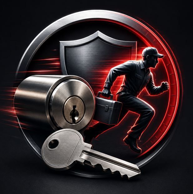 Escudo de seguridad rojo detrás de una cerradura, una llave y un ladrón corriendo sobre un fondo oscuro.