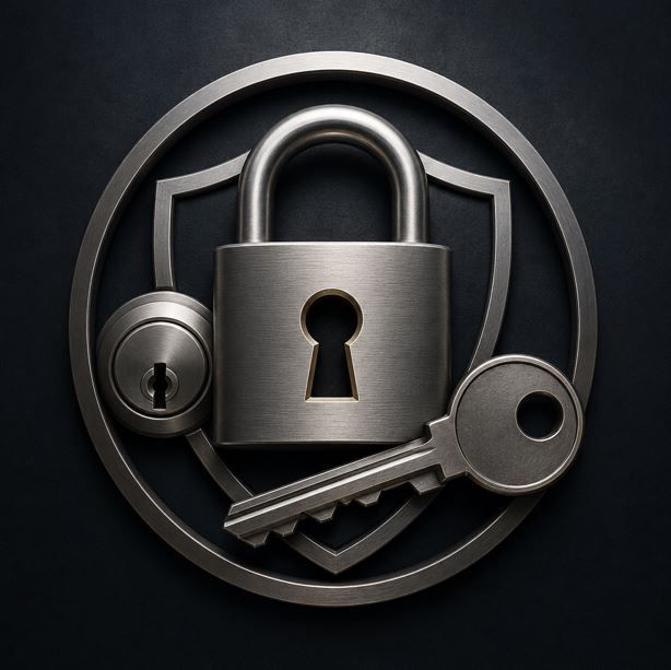 Candado plateado con llave y emblema de escudo sobre fondo oscuro, que simboliza seguridad y privacidad.
