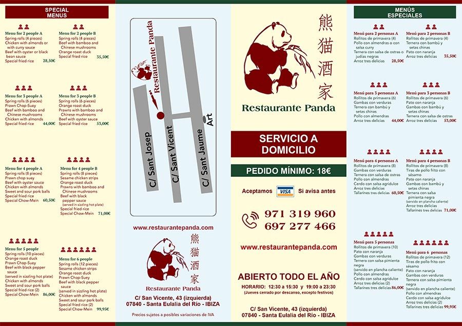 Un menú para un restaurante llamado restaurante panda