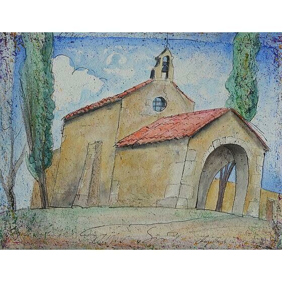 Un dessin d'une bâtisse entourée d'arbres