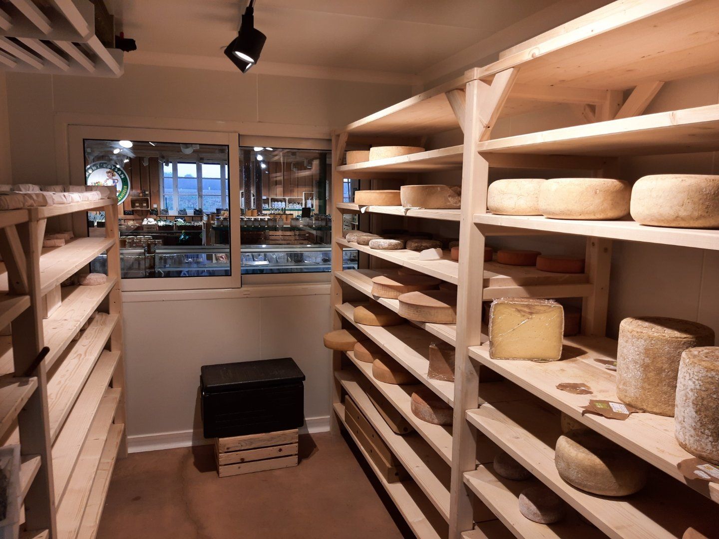 Intérieur d'une pièce avec un meuble en bois où reposent de petites meules de fromage
