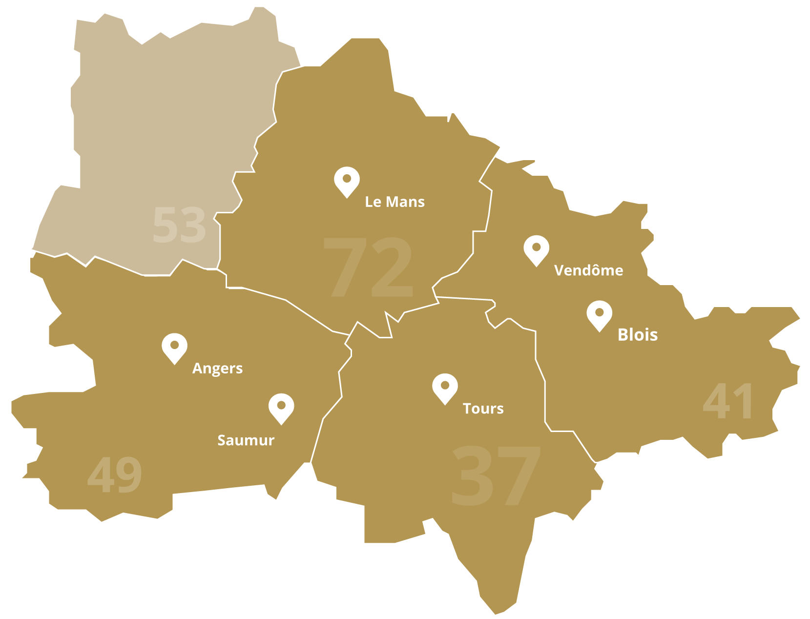 Carte stylisée de plusieurs départements autour de Tours et du Mans