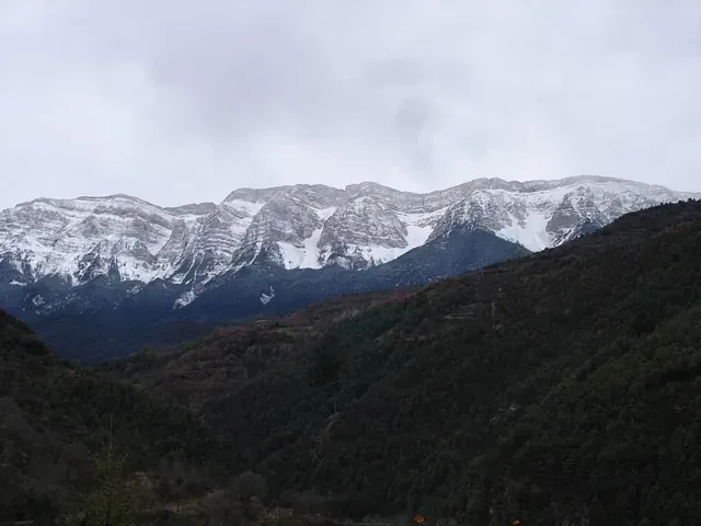 Una cadena montañosa nevada con árboles en primer plano y un cielo nublado en el fondo.