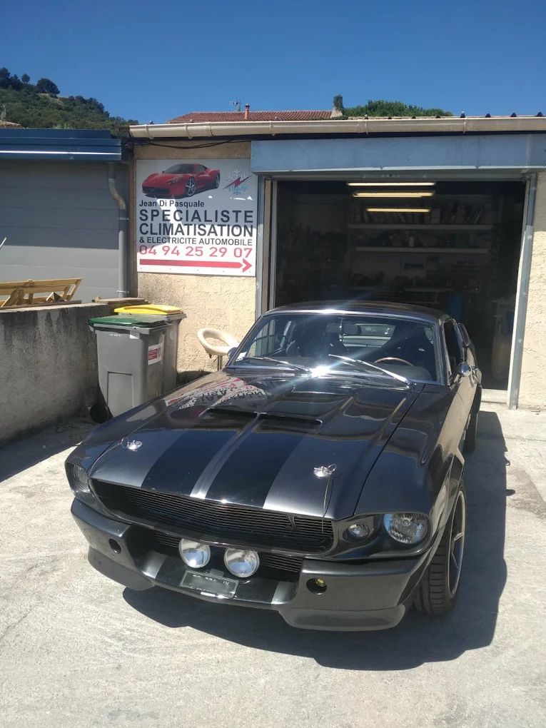 Voiture de sport classique noire garée devant un garage, le capot reflétant le soleil.