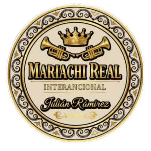 Logotipo del "Mariachi Real Internacional" con acentos dorados, corona, trompetas y el nombre "Julián Ramírez".